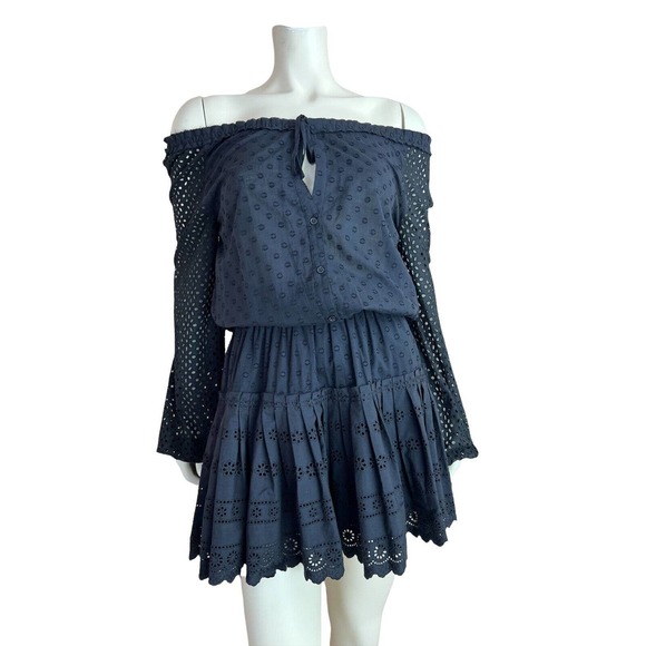 NEW Roller Rabbit Black Arista Dress Eyelet Ruffle Smock Long Sleeve Mini Boho S - Picture 5 of 12